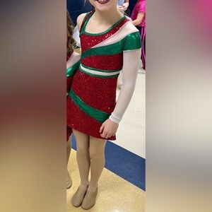 Dynamite Red Sequin Dress with Green Trim and White Sleeve